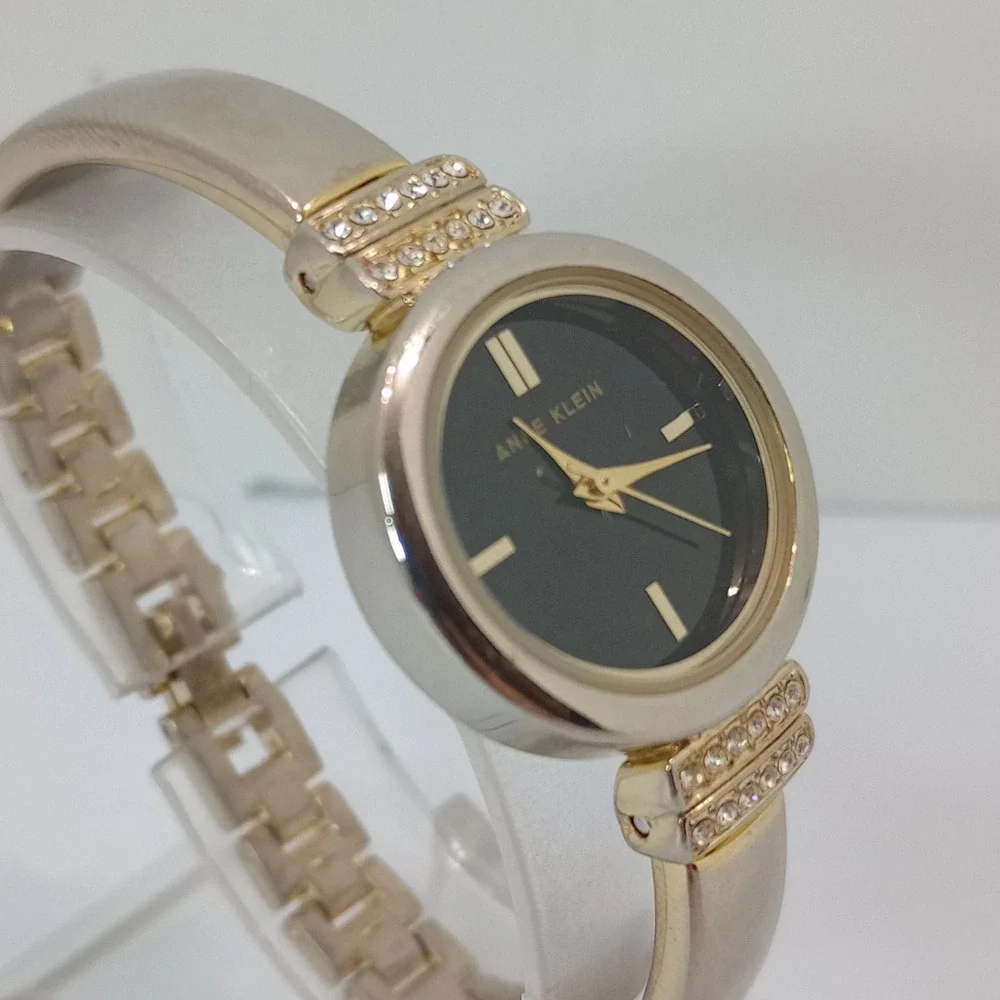 Anne Klein Women's Gold Tone AK/2474‎ Bangle Watch 24.1mm Black Dial New Battery